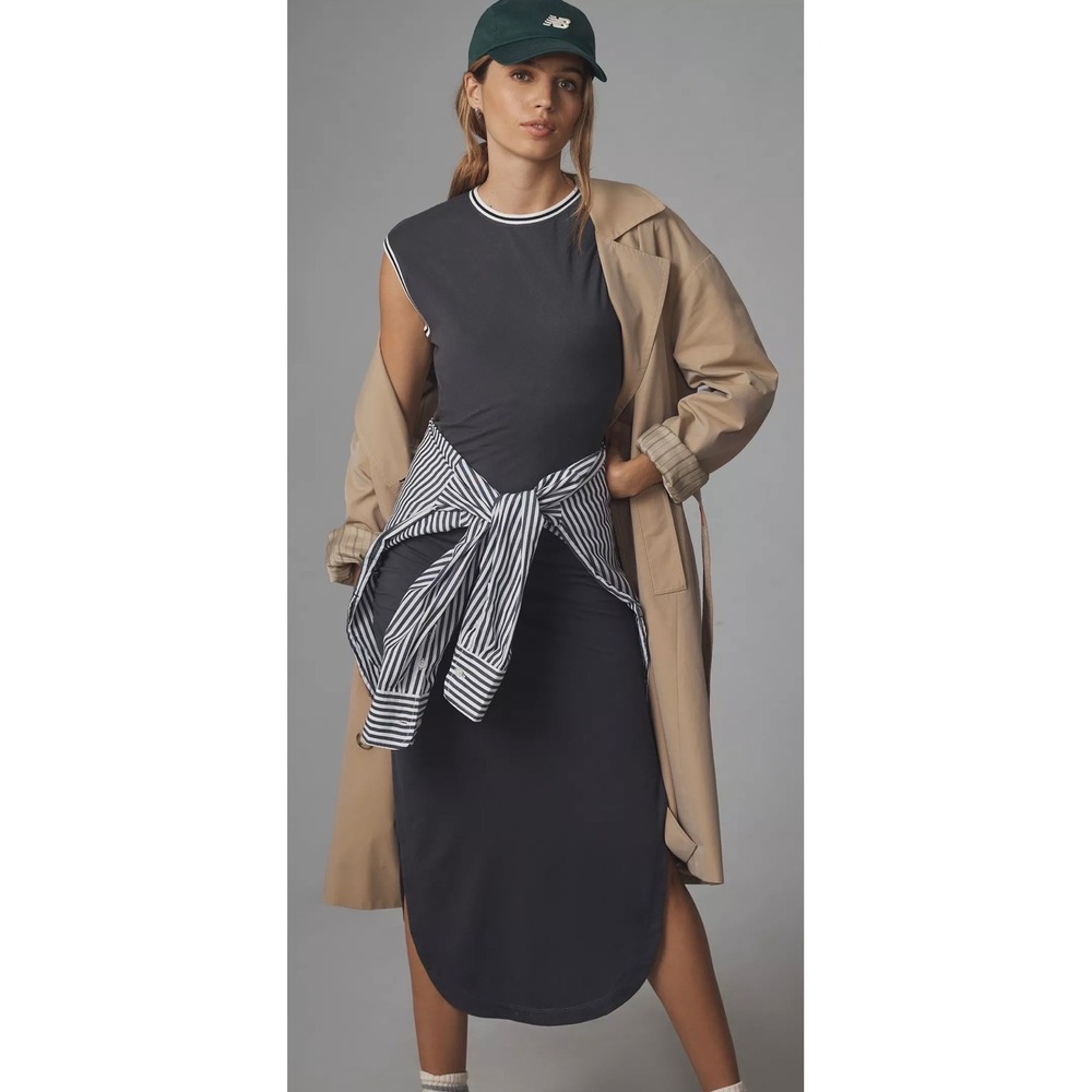 Anthropologie Daily Practice Grey Ruched Stripe-Trim Midi Dress Size Medium